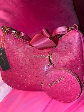 bebe Hot Pink Studded Shoulder Bag with Coin Pouch